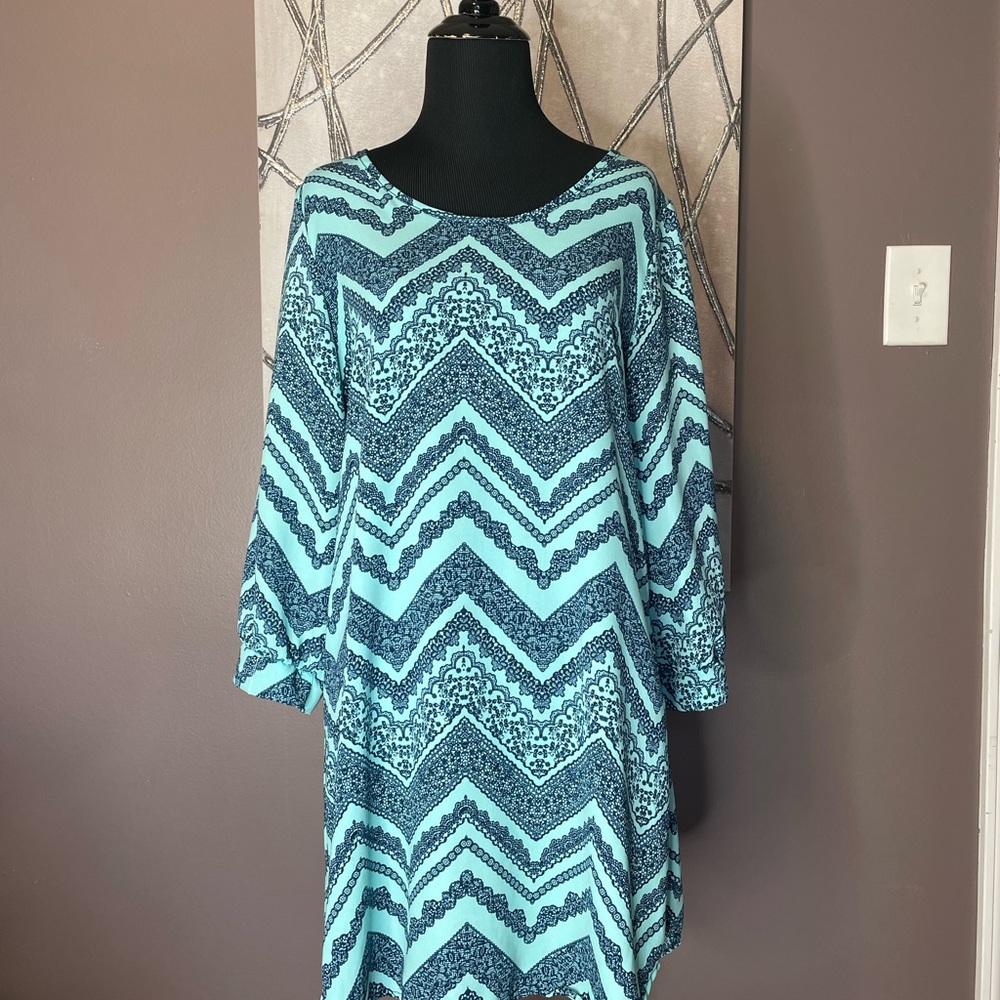 Teal and Blue Chevron Mini Dress with Dolman Sleeves